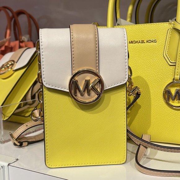 Michael Kors Carmen Small Color-Block Faux Leather Phone Crossbody Bag Sunshn - Picture 2 of 16